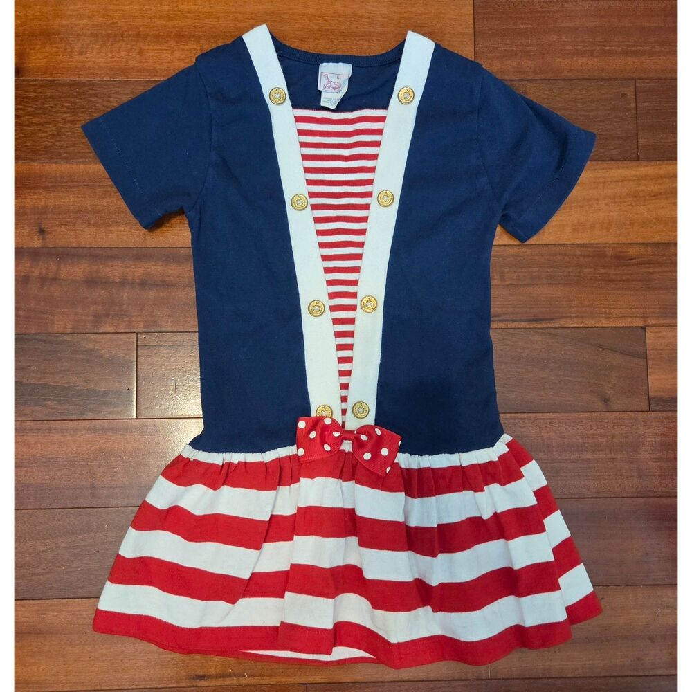 VTG Buster Brown Girls 5 Nautical Sailor Dress Navy Red White Striped